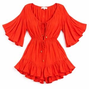 Meshki Red Tie Front Romper Bell Sleeve Flowy Playsuit Size M